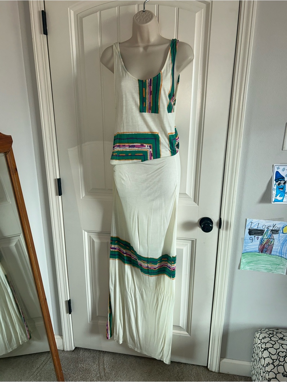 NEW Fraiche by J Cream Maxi Dress with Green and Pink Stripe Accents Sz S